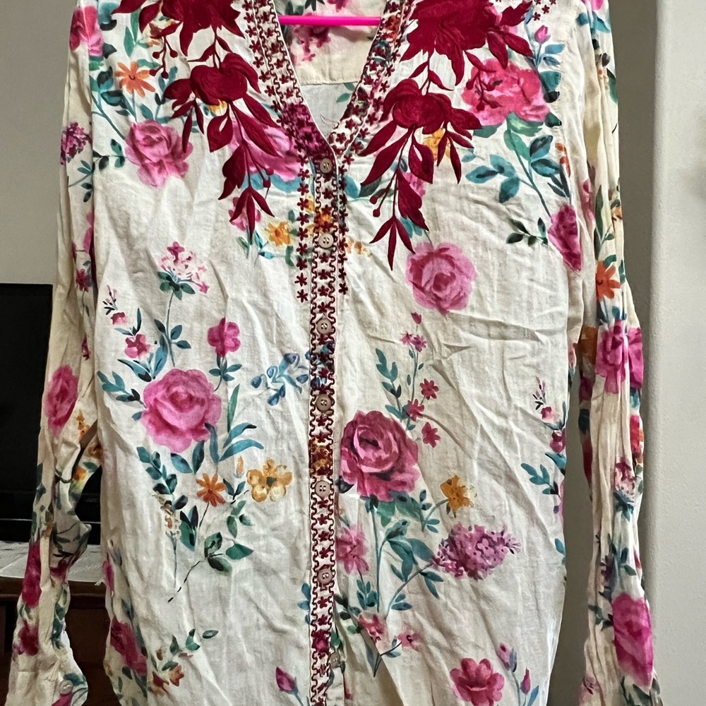 Vibrant Floral Women's Blouse - Pink and Cream